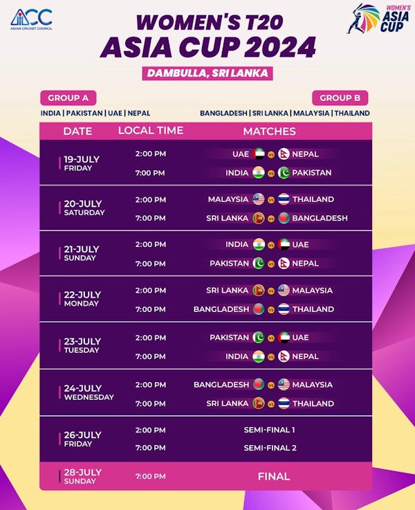 IndiaPakistan to headline opening day of Women’s Asia Cup 2024 ACC Women's T20 Asia Cup, 2024