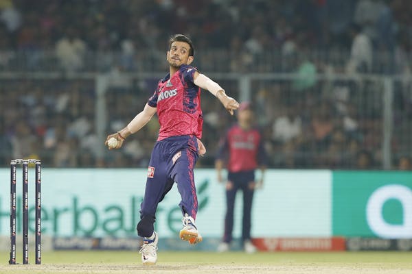 India's Yuzvendra Chahal bowls for Rajasthan Royals in Indian Premier League