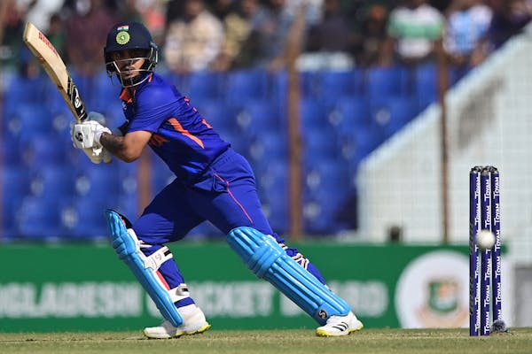 India's Ishan Kishan plays a shot