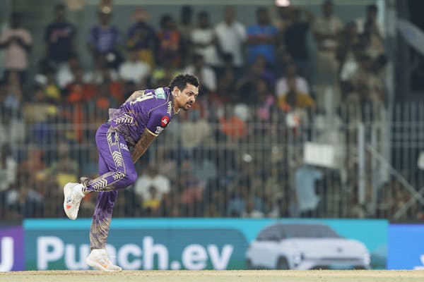 Kolkata Knight Riders (KKR) bowler Sunil Narine bowls a ball